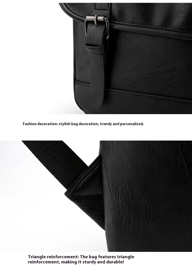 Black leather bag with triangle reinforcement feature on a white background