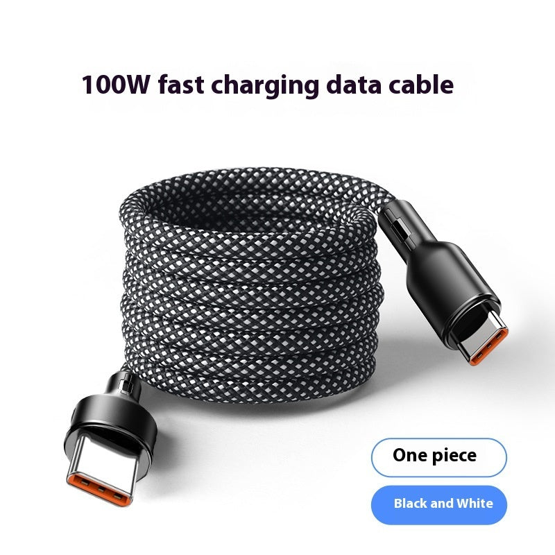 100W fast charging data cable with black and white braided design on a white background
