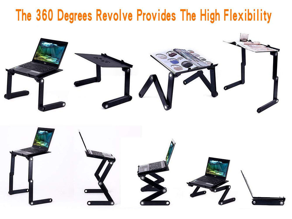 Set of laptop stands in various positions on a white background with text about flexibility.