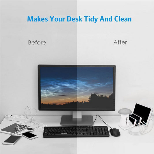 Comparison of a messy desk before and after using a desk tidy, with a computer monitor and devices on a white surface.