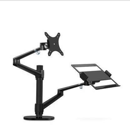 Black dual monitor and tablet stand on a white background