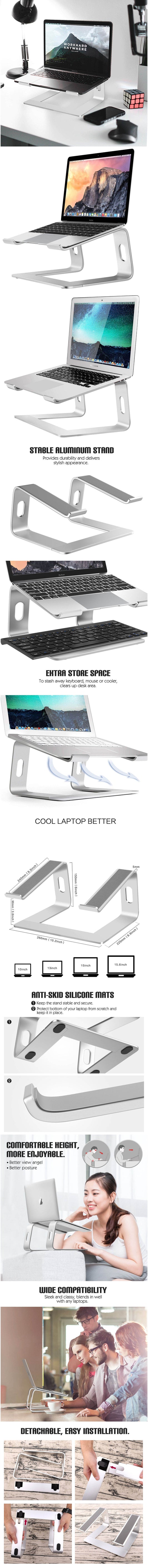 Multi-angle view of a laptop stand with product details and usage scenarios.