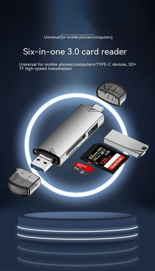 Six-in-one 3.0 card reader on a dark blue background with text indicating its universal compatibility.