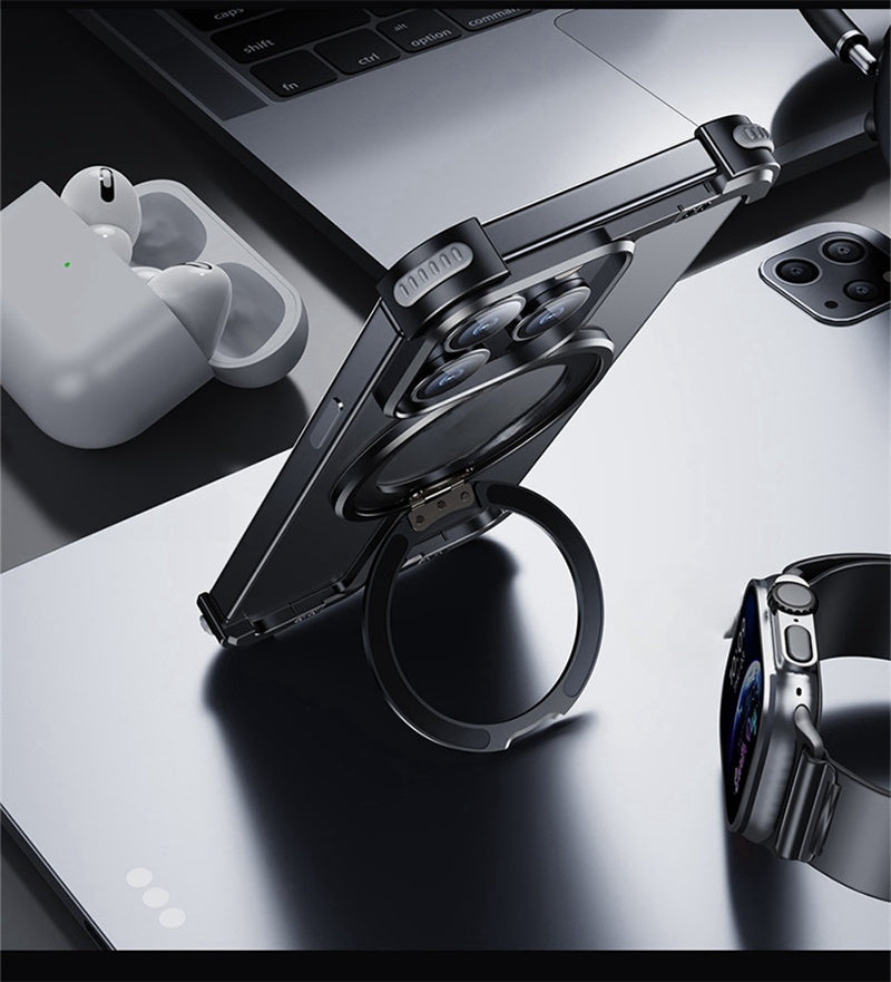 Smartphone with a pop-up camera on a desk with a laptop, earbuds, and smartwatch.