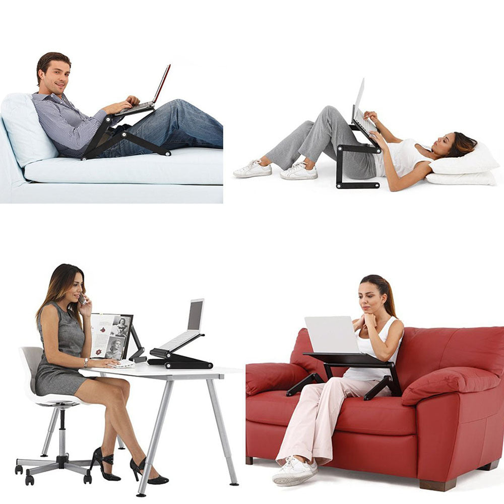 Collage of people using a laptop stand in various settings.