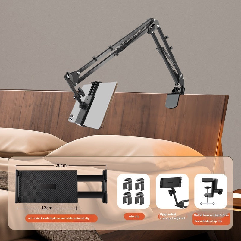 Adjustable arm mount on a headboard with product details overlay
