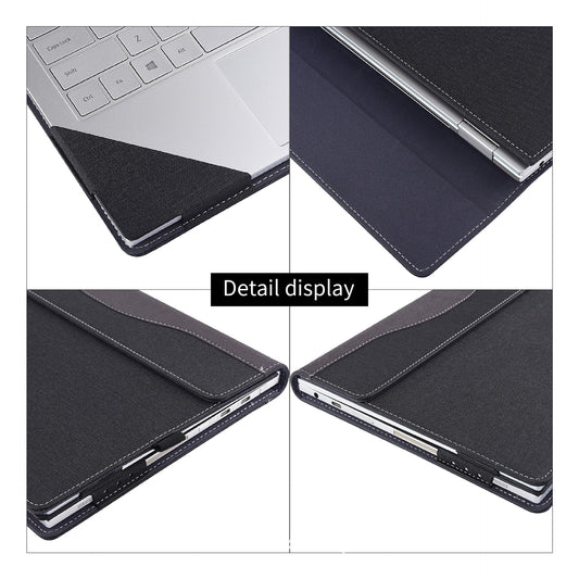 Black laptop case displayed from multiple angles with a keyboard visible.