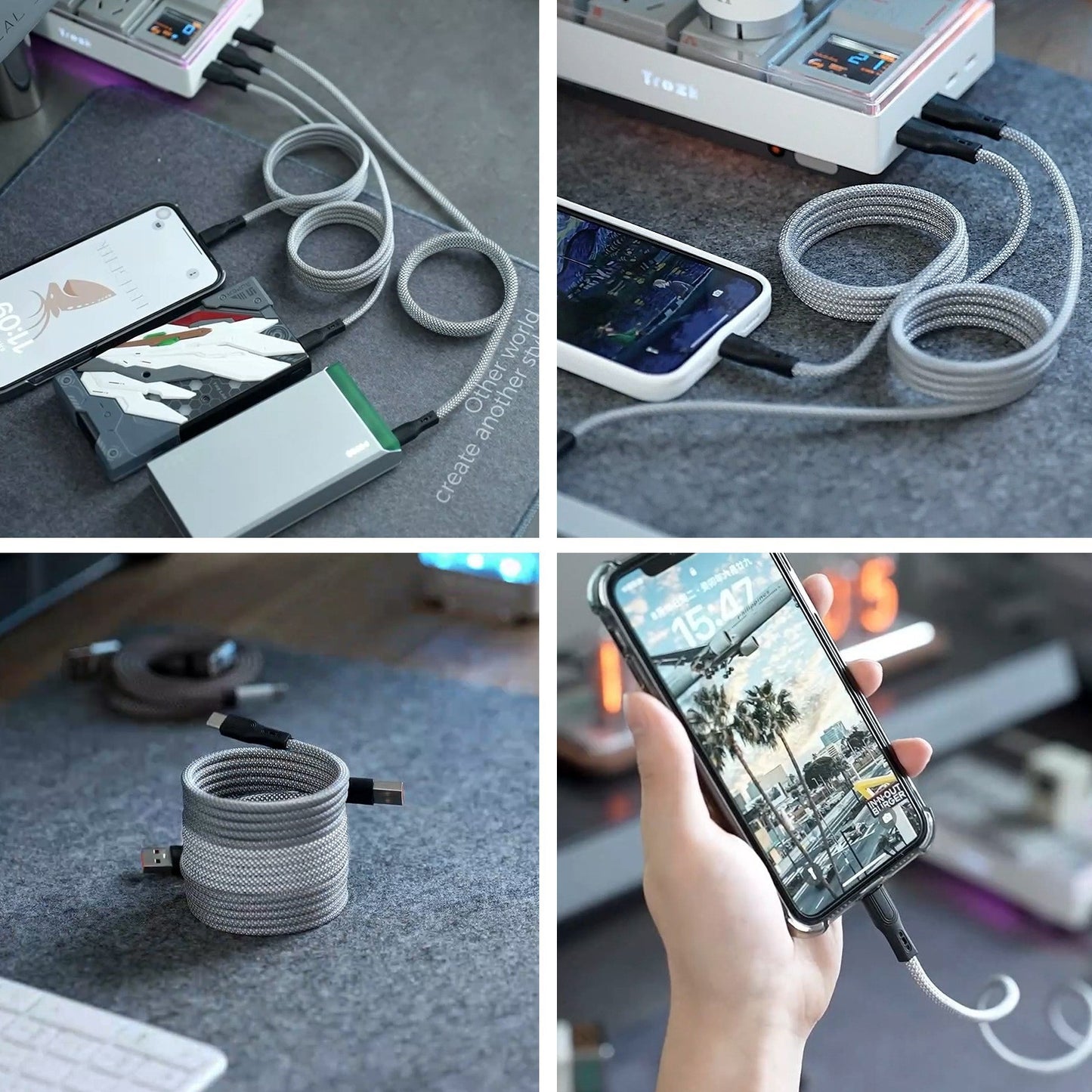 Collage of a USB cable being used with electronic devices on a desk.