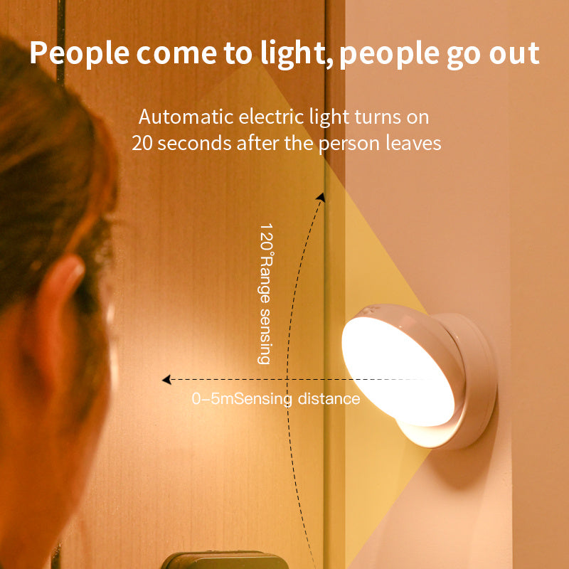 Automatic electric light sensor with text explaining its function on a wooden door.