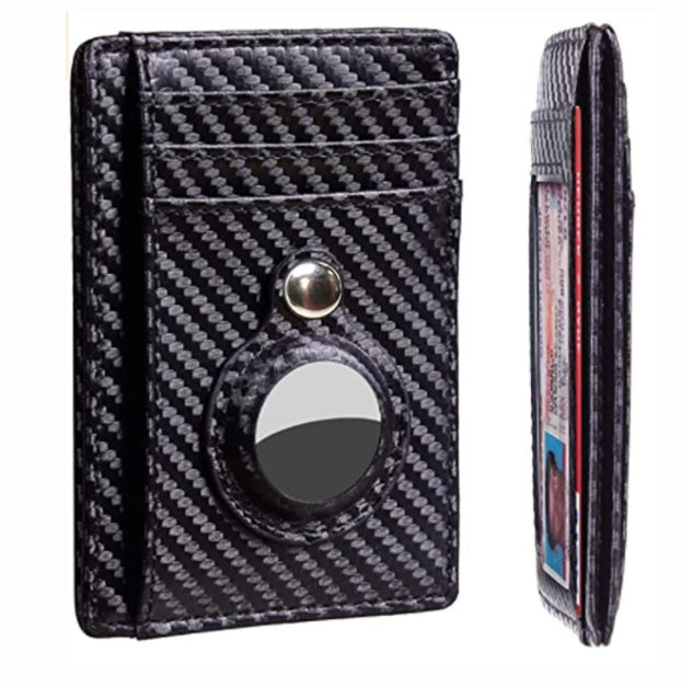 Carbon fiber patterned cardholder with a button on a white background