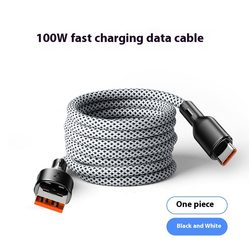 100W fast charging data cable with black and white braided design on a white background