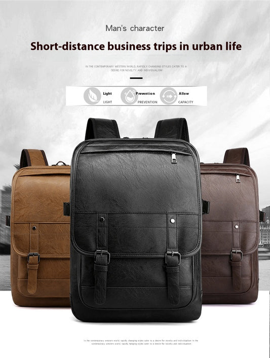 Three backpacks in black, brown, and beige on a light gray background with text about short-distance business trips.