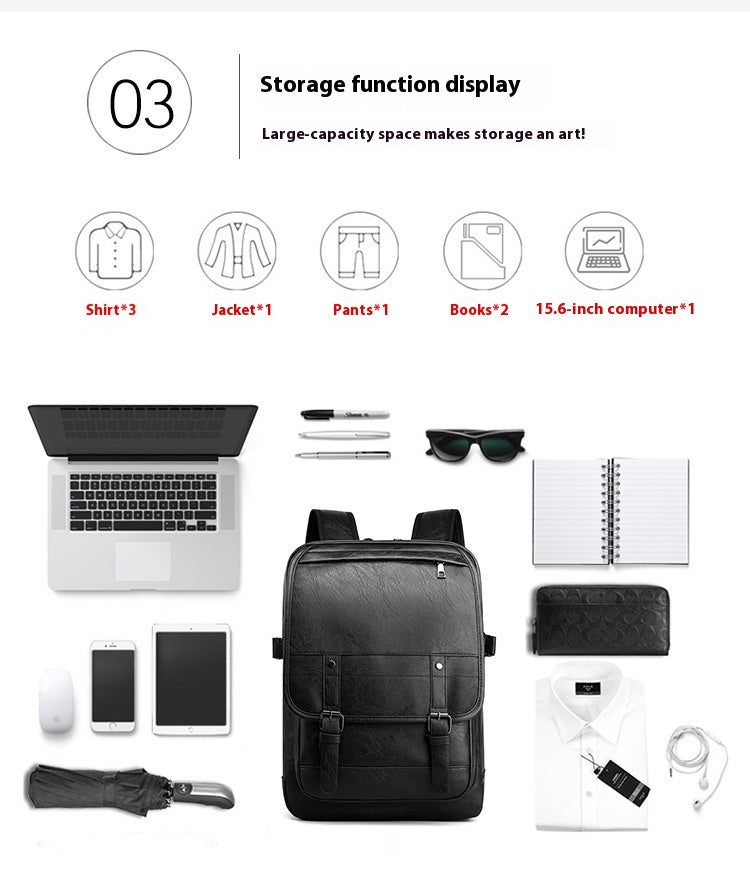 Black backpack with various items displayed on a white background, showcasing storage capacity.