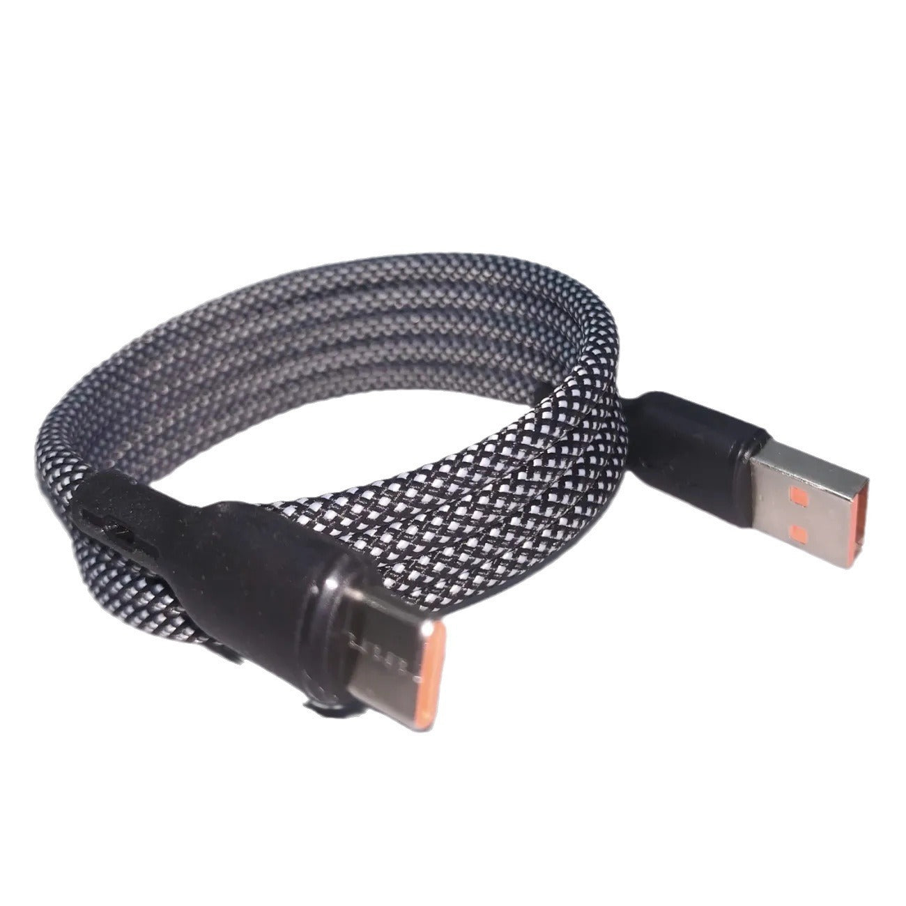 Black braided USB cable on a white background