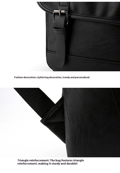Black leather bag with triangle reinforcement feature on a white background