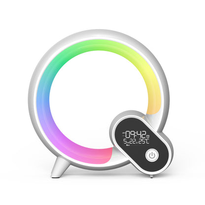Colorful circular light with digital display on a white background