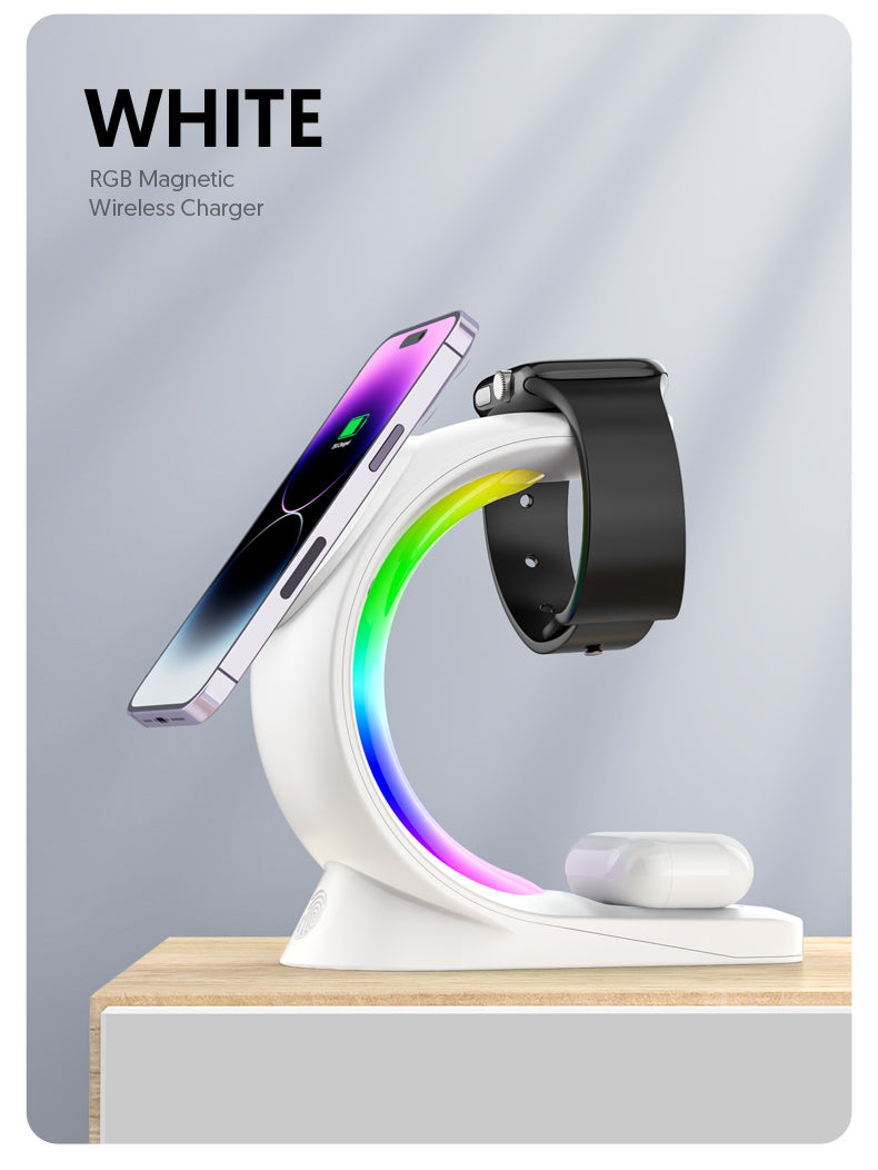 White RGB magnetic wireless charger with phone, watch, and case on a gray background