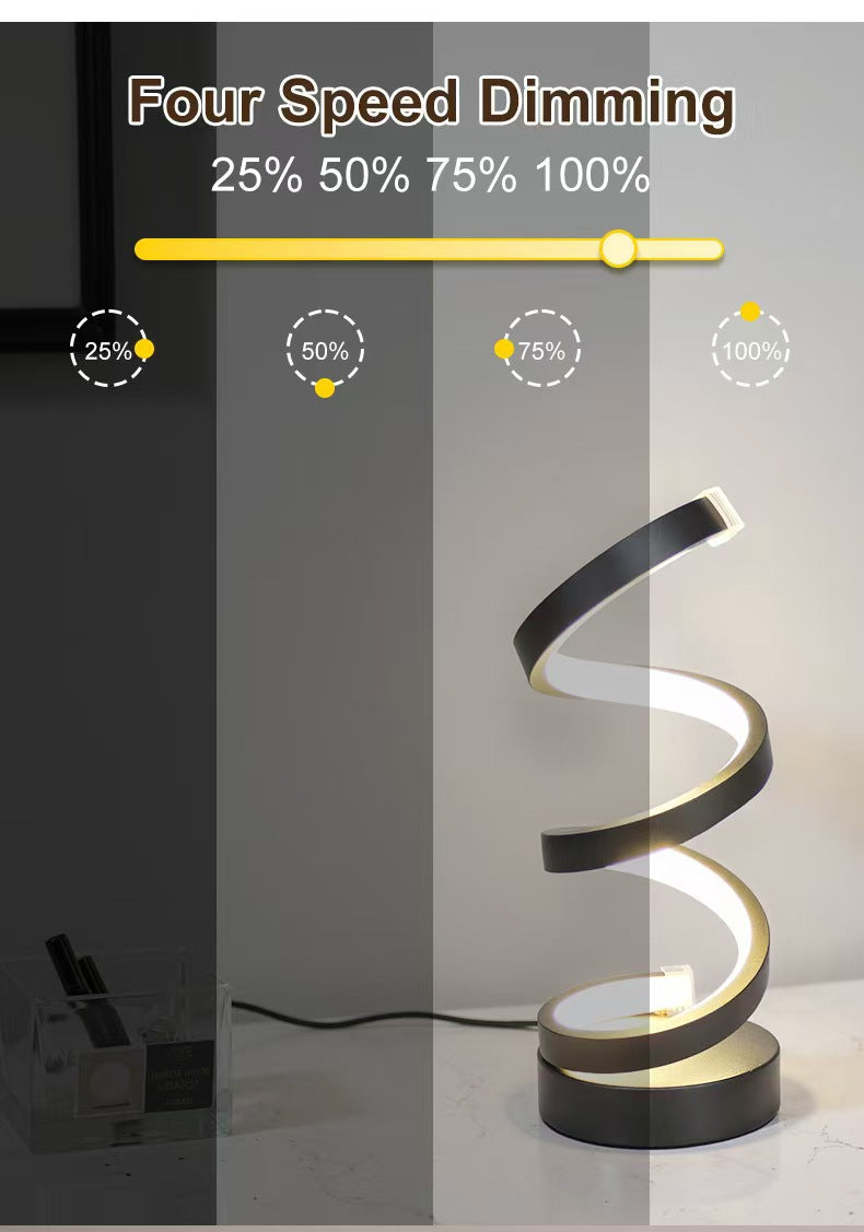 Modern spiral table lamp with four speed dimming control on a gray background