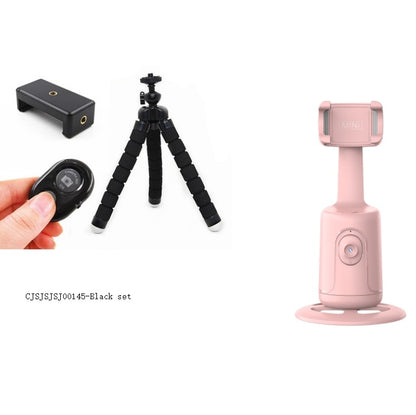 Collection of photography accessories including a pink device, black tripod, and remote control on a white background.