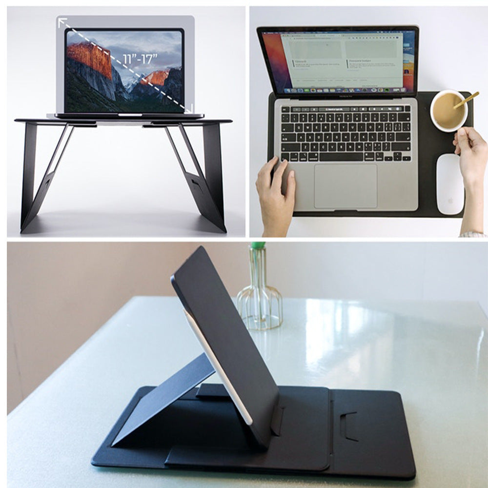 Collage of a laptop stand with different uses including a laptop on a table, a person using a laptop, and a tablet on a stand.