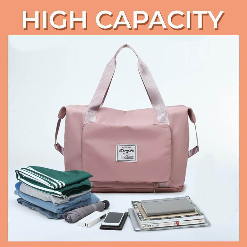 Pink travel bag with folded clothes and items on a white background, labeled 'High Capacity'.