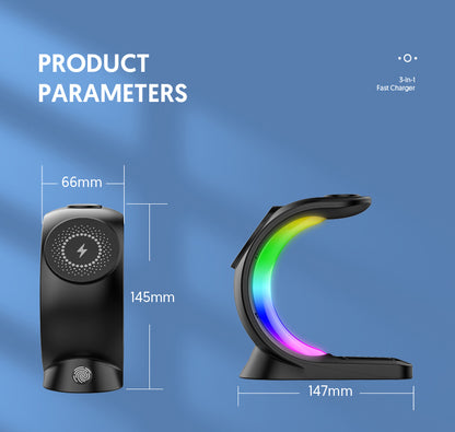 Product parameters of a black device with a colorful ring on a blue background