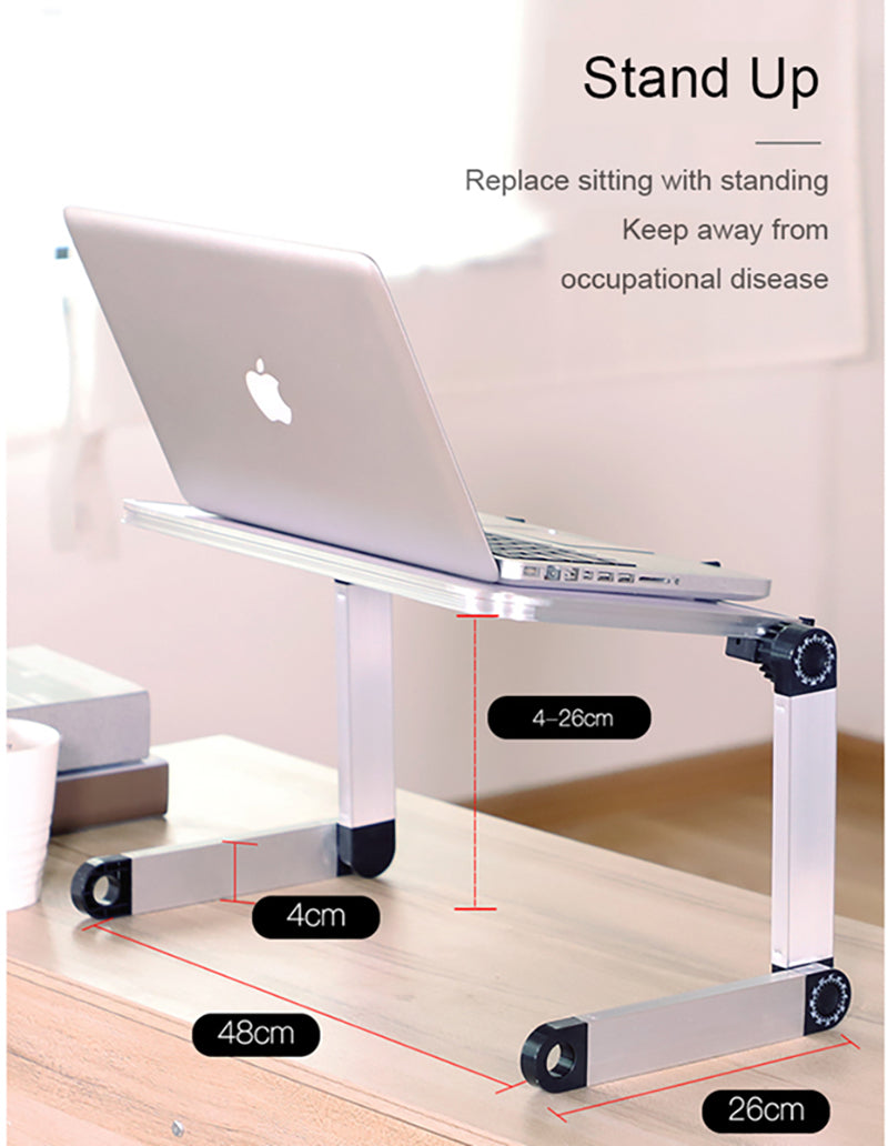 Laptop stand with adjustable height on a wooden surface, featuring an Apple laptop.