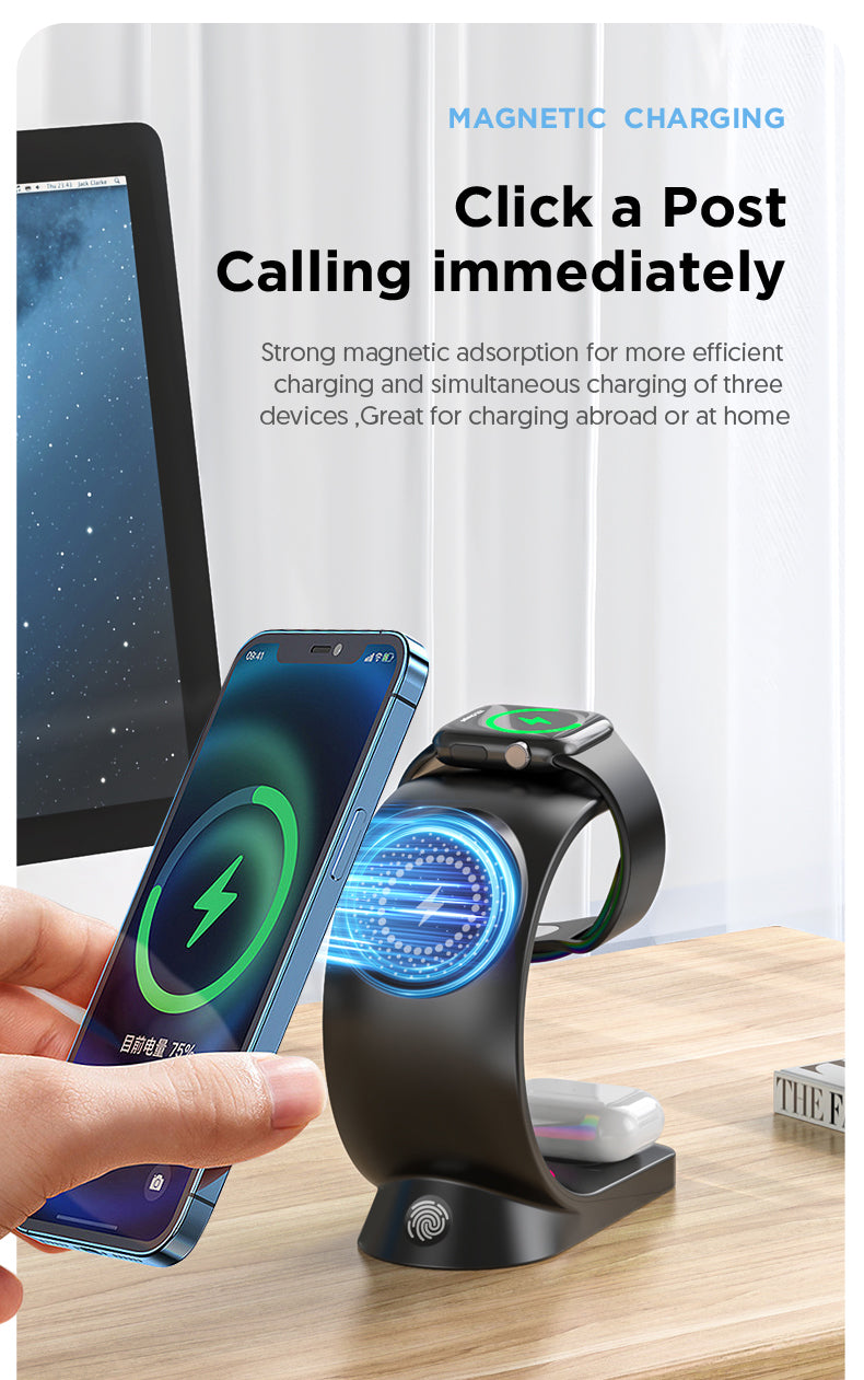 Magnetic charging stand with smartphone, smartwatch, and tablet on a wooden surface.
