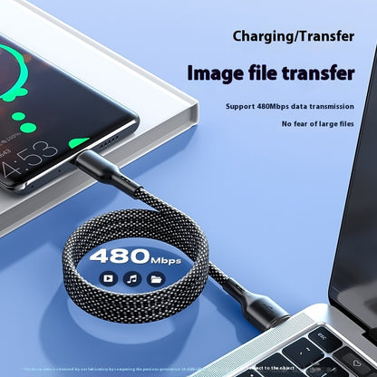 Phone and laptop connected by a charging cable with text about data transfer speed on a blue background