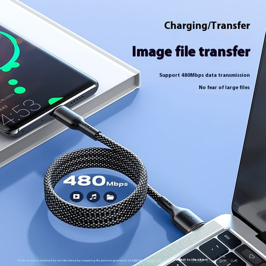 Phone and laptop connected by a charging cable with text about data transfer speed on a blue background