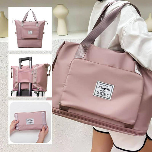 Collage of a pink travel bag with various views and a person carrying it.