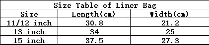 Size table of liner bags with dimensions in centimeters