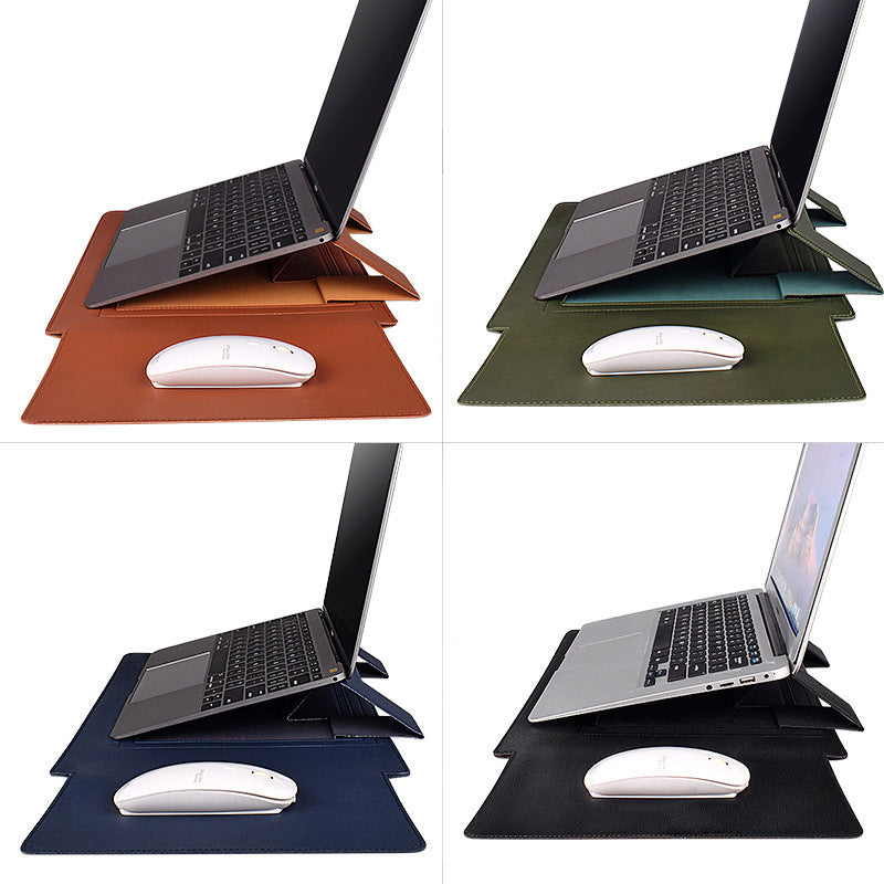 Collage of laptop stands in different colors with a mouse on each stand.