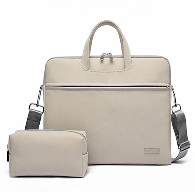 Beige laptop bag with matching pouch on a white background
