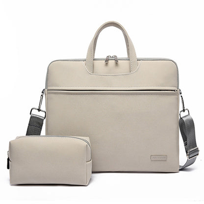 Beige laptop bag with matching pouch on a white background