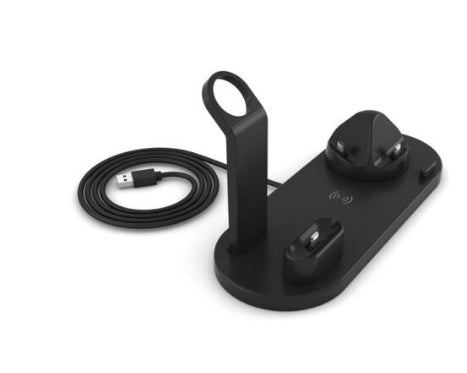 Black electronic charging station with USB cable on a white background