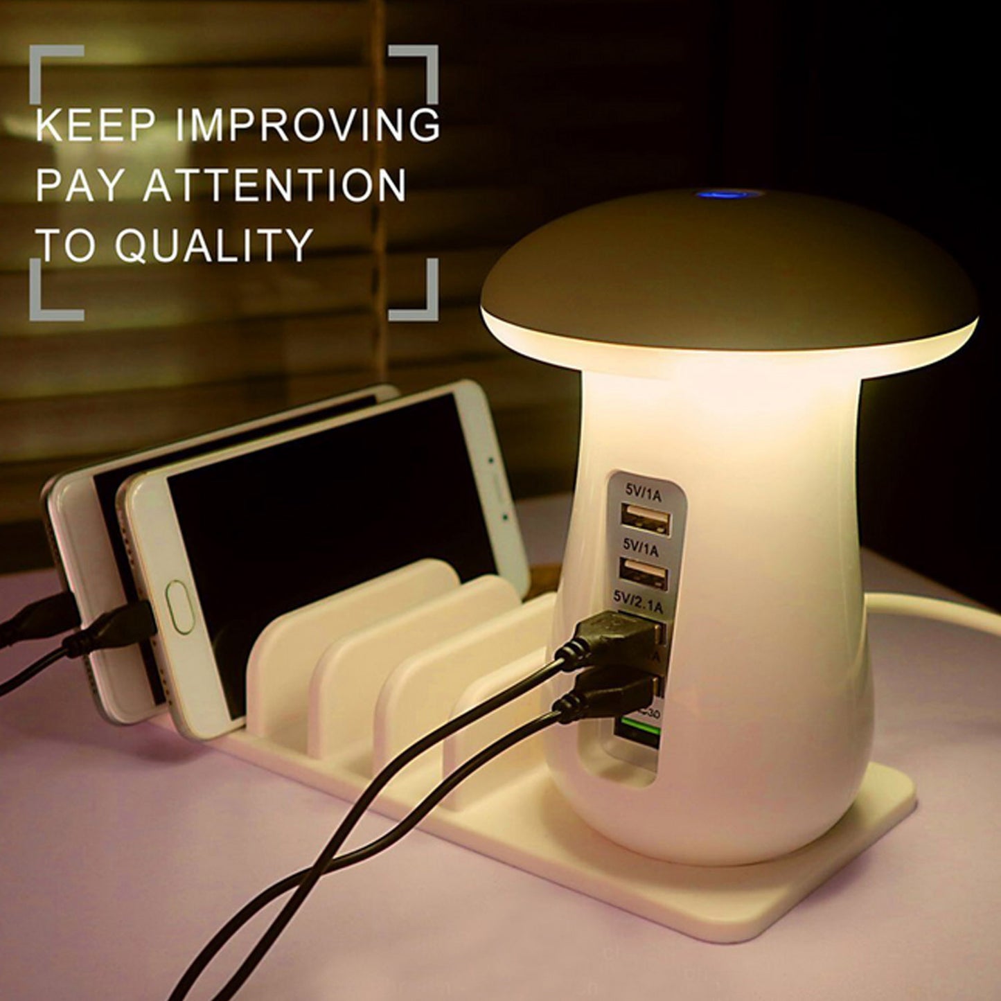 Mushroom-shaped lamp with multiple USB ports charging a smartphone on a table.