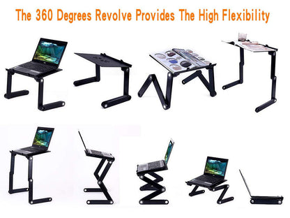 Set of laptop stands in various positions on a white background with text about flexibility.