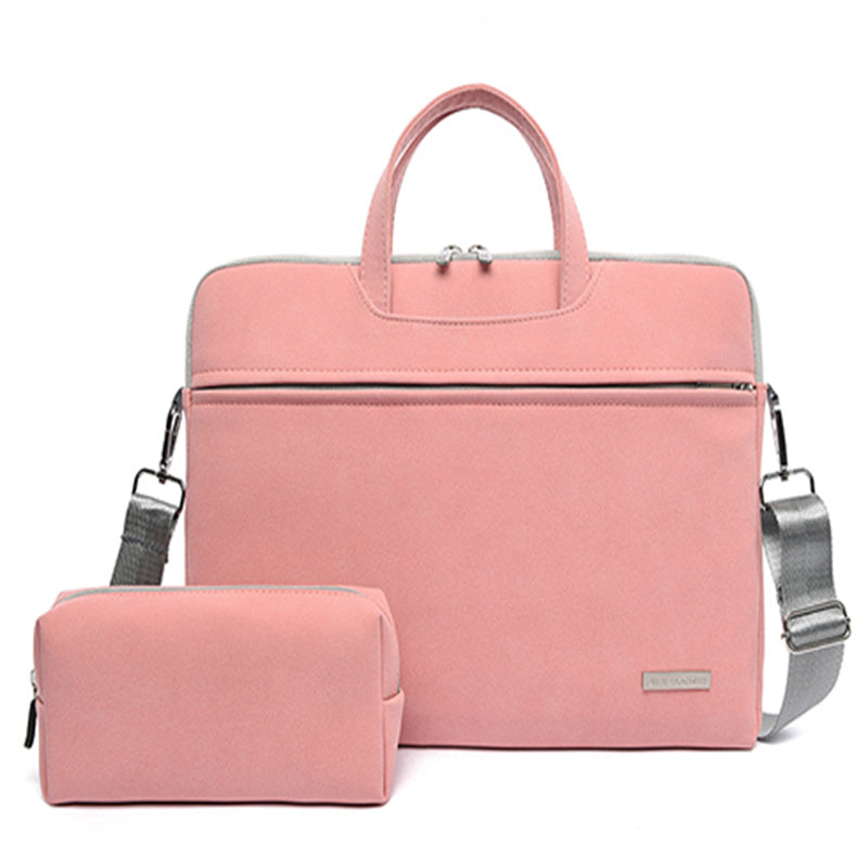 Pink laptop bag with matching pouch on a white background