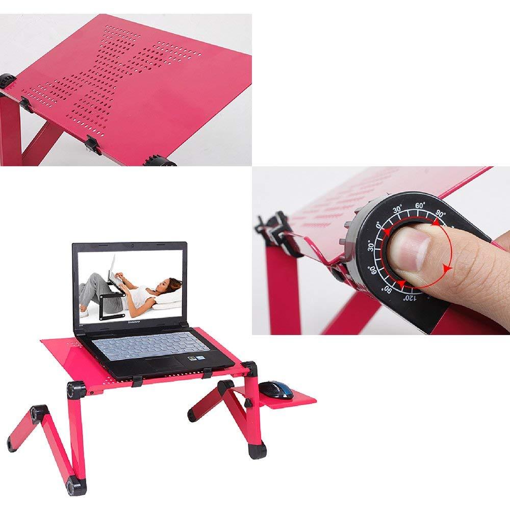 Collage of a pink adjustable laptop stand with a laptop on it, showing the height adjustment feature.