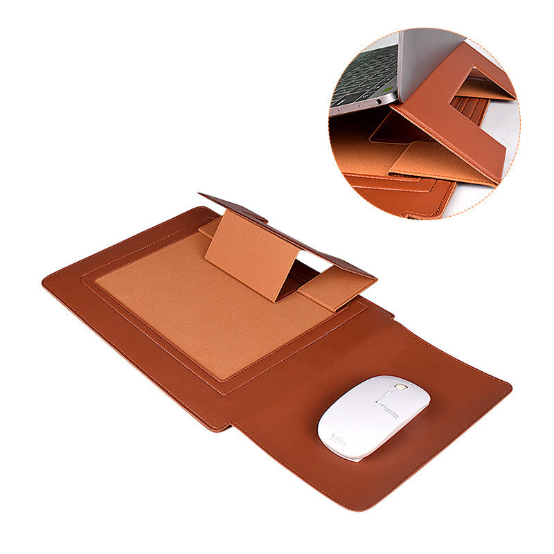 Brown leather desk pad with a mouse and phone on a white background