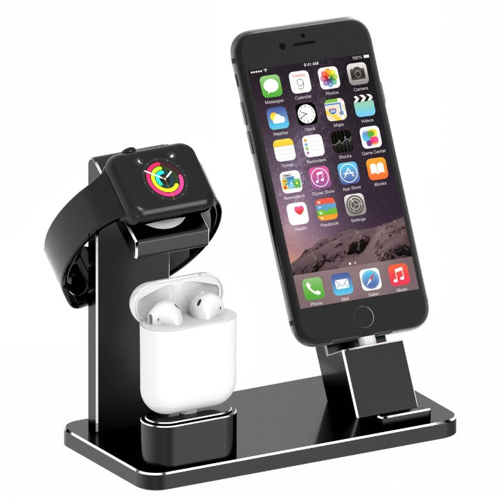 Multi-device charging station with smartphone, smartwatch, and wireless earbuds on a white background