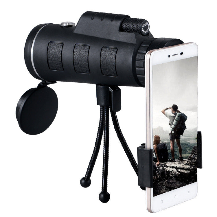 Black monocular with smartphone adapter on a white background
