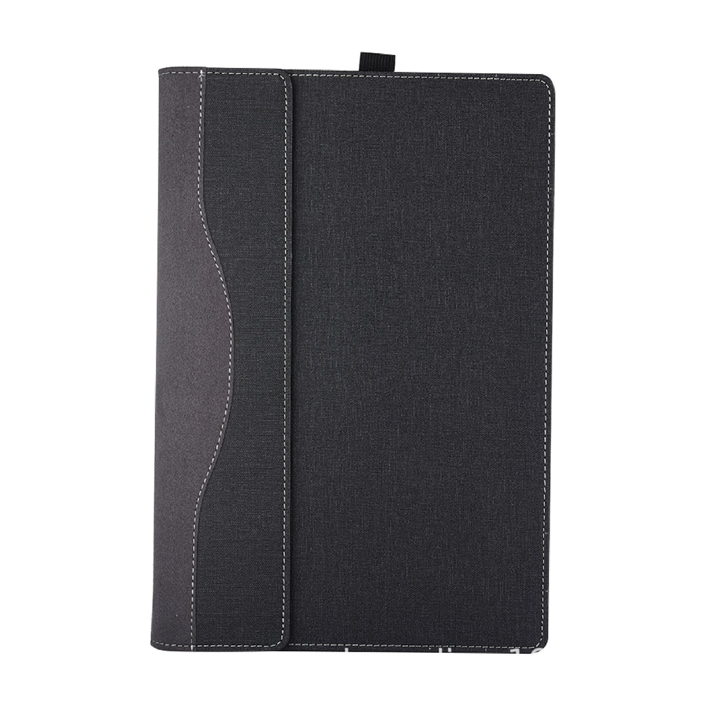 Black fabric-bound notebook on a white background