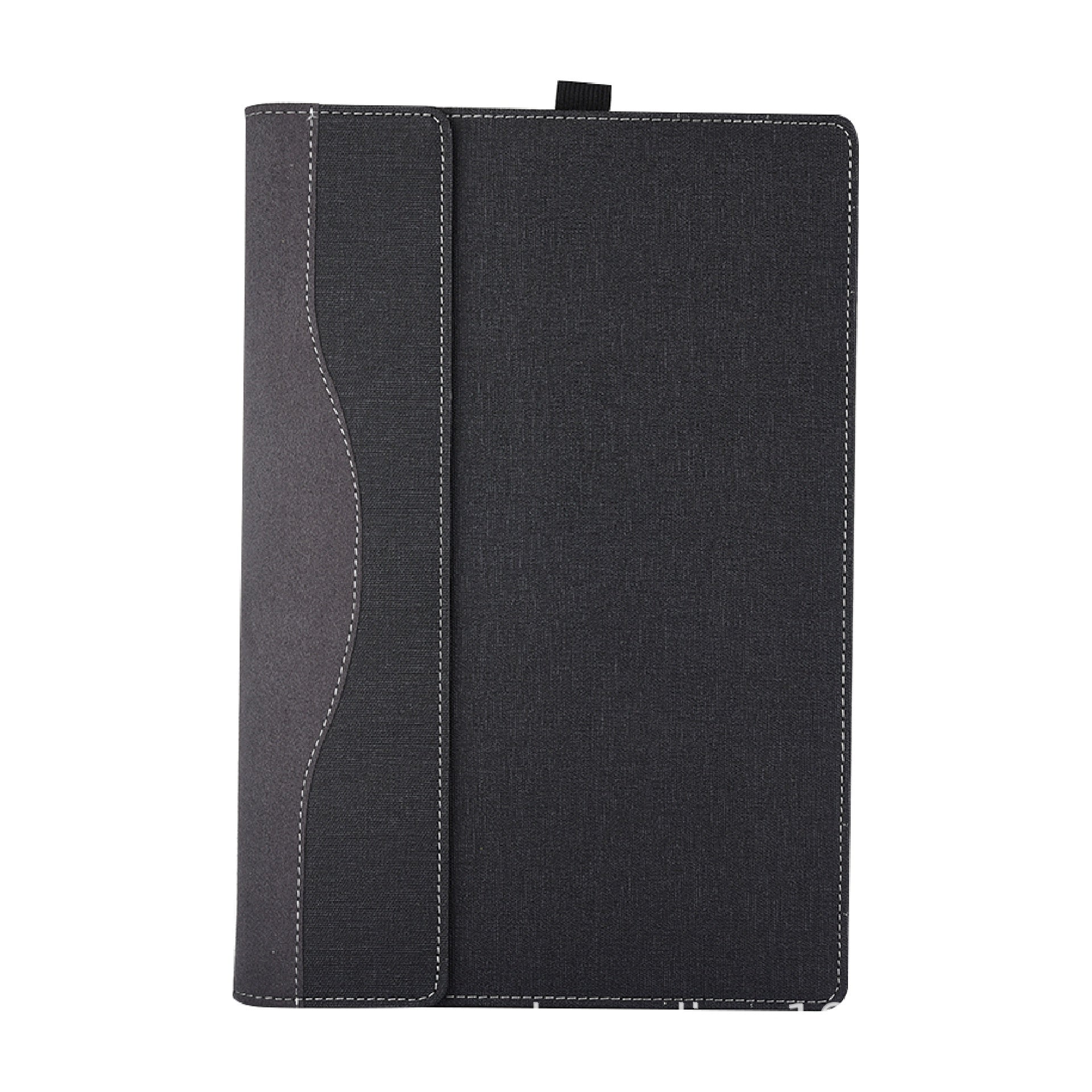 Black fabric-bound notebook on a white background