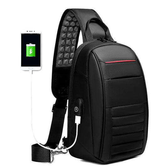 Black sling bag with USB charging port on a white background