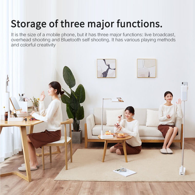 Living room with people using a device, text about storage of three major functions