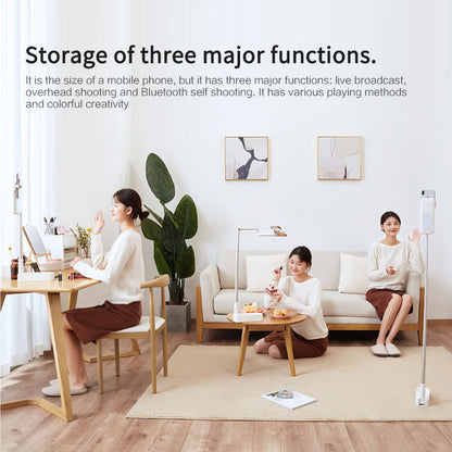 Living room with people using a device, text about storage of three major functions