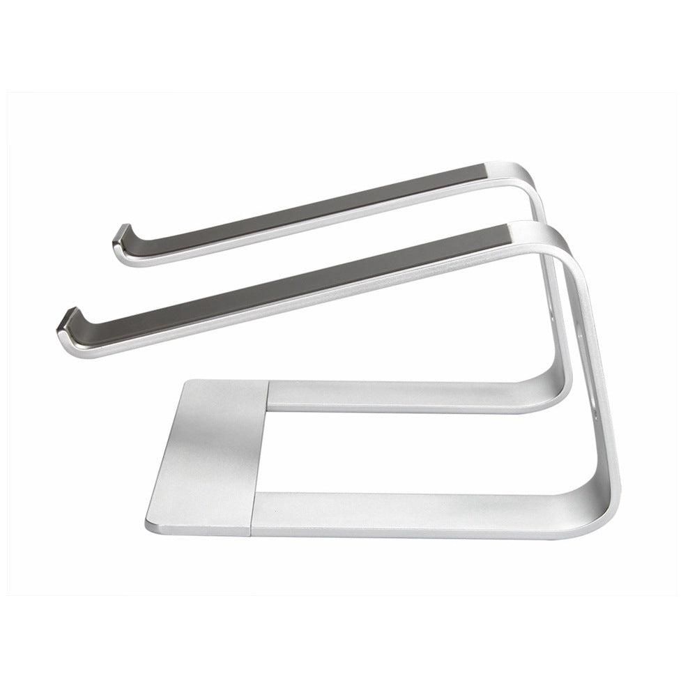 Metallic stand on a white background. Silver metal bracket with features highlighted on a white background.