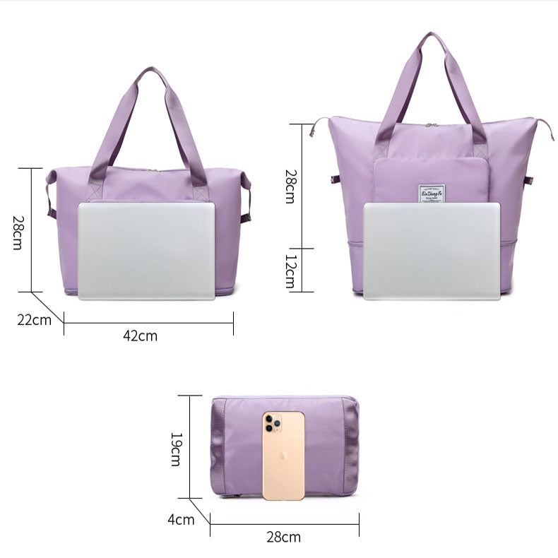 Purple tote bag with dimensions on a white background